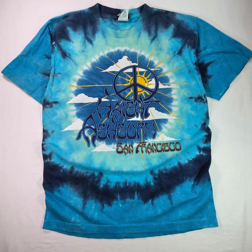 VTG 90s Liquid Blue Haight Ashbury Shirt Med Blue Tie Dye Peace San Francisco